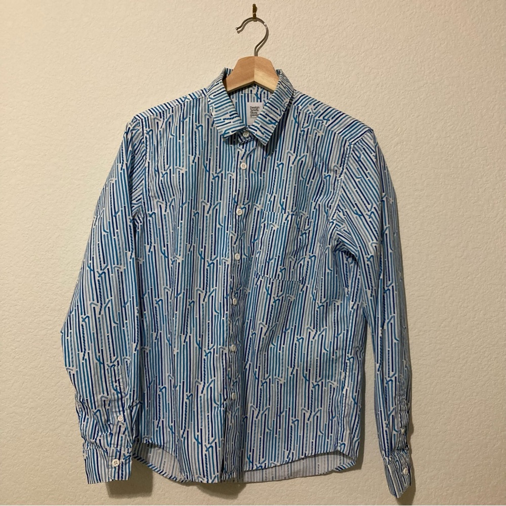 Graniph Straw Pattern Long-Sleeve Button Down Shirt (S Size - Blue & White)